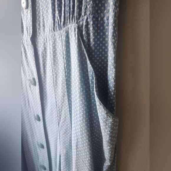 Vintage Blue Seersucker Polkadot 50s Midi Dress Button Front Pockets Collar - Picture 3 of 12